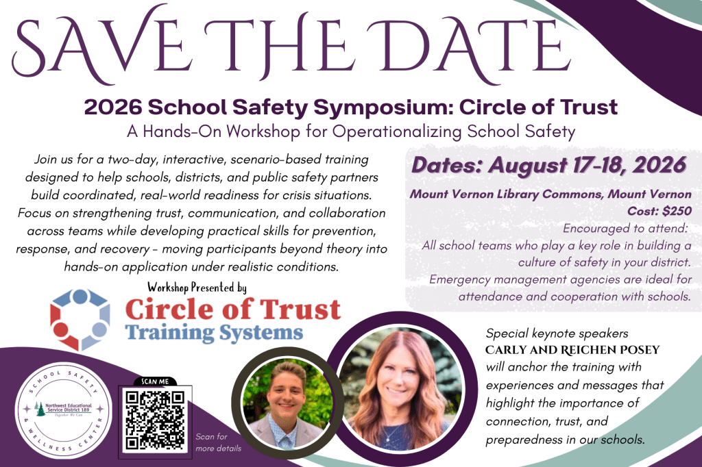 save the date postcard with details of the 2026 School Safety Symposium. Key details reflected are in the text above.